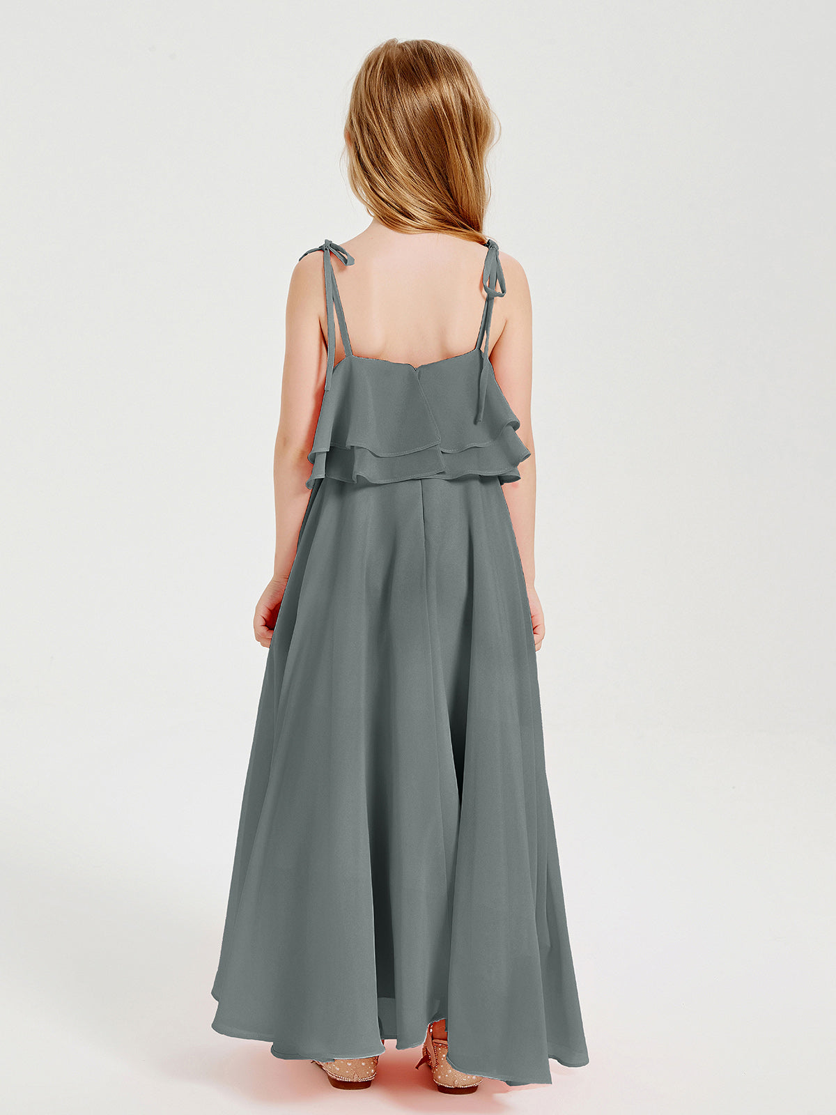 Chiffon Junior Bridesmaid Dresses Long Cascading Skirt Steel Grey